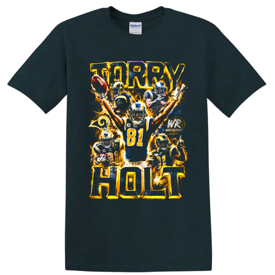Torry Holt St. Louis Rams number 81 fiery football action collage on a Midnight (Green) T Shirt