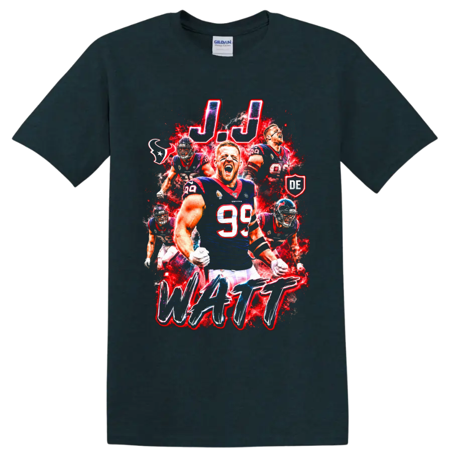 J.J. Watt Houston Texans number 99 football action collage with J.J. and WATT text on a Midnight (Green) T Shirt
