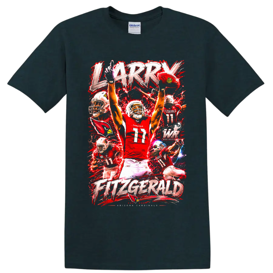 Larry Fitzgerald Arizona Cardinals number 11 action collage with red lightning lettering on a Midnight (Green) T Shirt