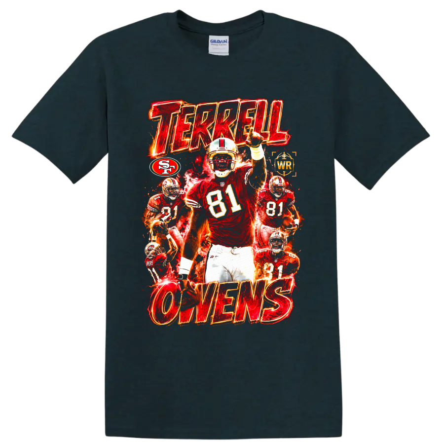 Terrell Owens 49ers number 81 fiery football collage with TERRELL OWENS text on a Midnight (Green) T Shirt