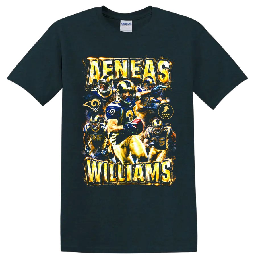 Aeneas Williams St. Louis Rams vintage football action collage with AENEAS WILLIAMS text on a Midnight (Green) T Shirt