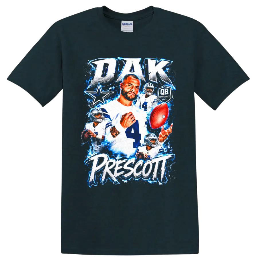 Dak Prescott Dallas Cowboys quarterback collage with football and electric blue effects on a Midnight (Green) T Shirt