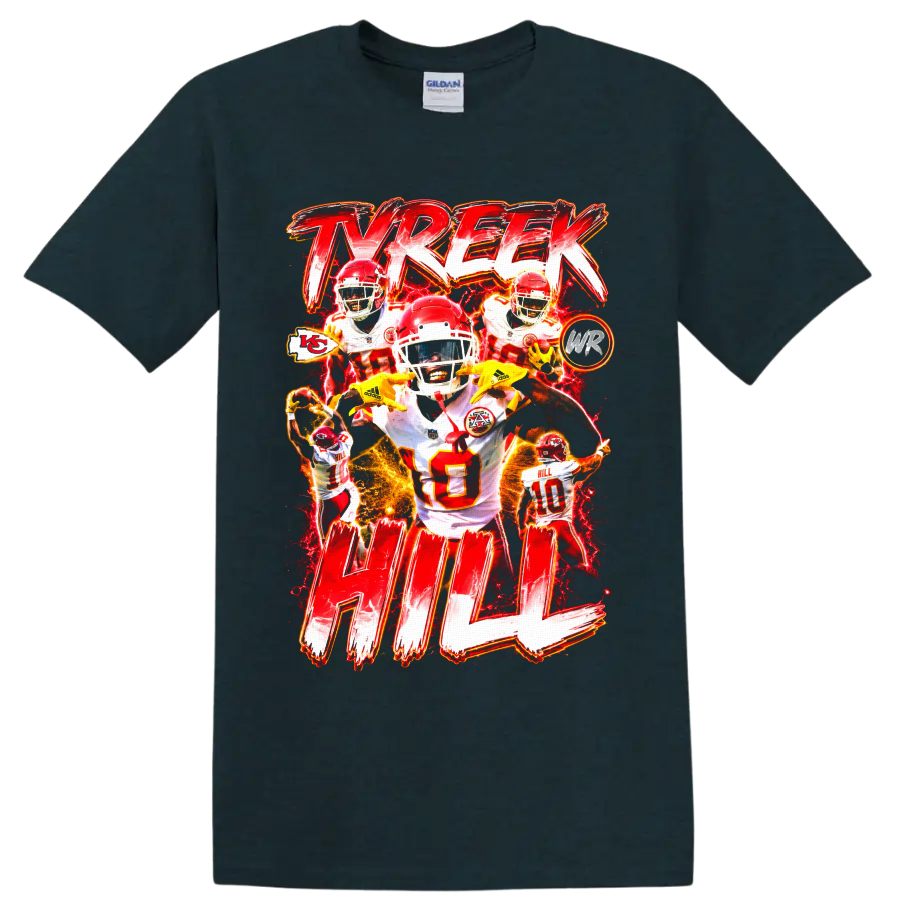 Tyreek Hill Kansas City Chiefs football collage with electric lettering and action poses on a Midnight (Green) T Shirt