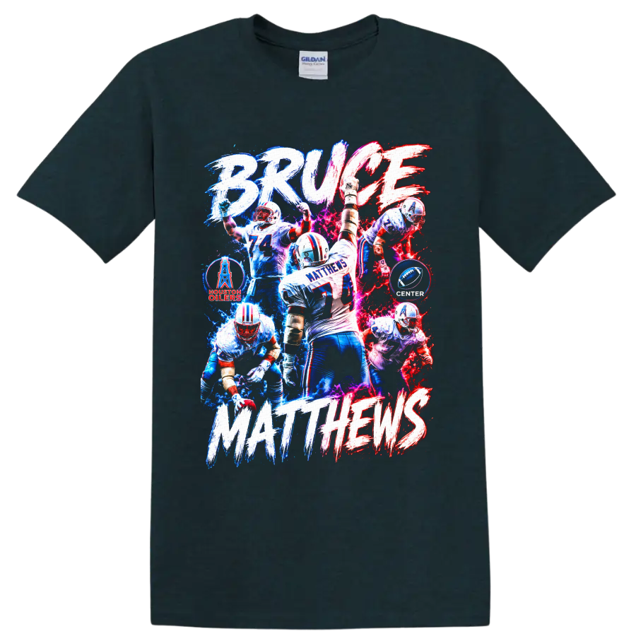 Bruce Matthews Houston Oilers No. 74 football collage with electric BRUCE MATTHEWS on a Midnight (Green) T Shirt