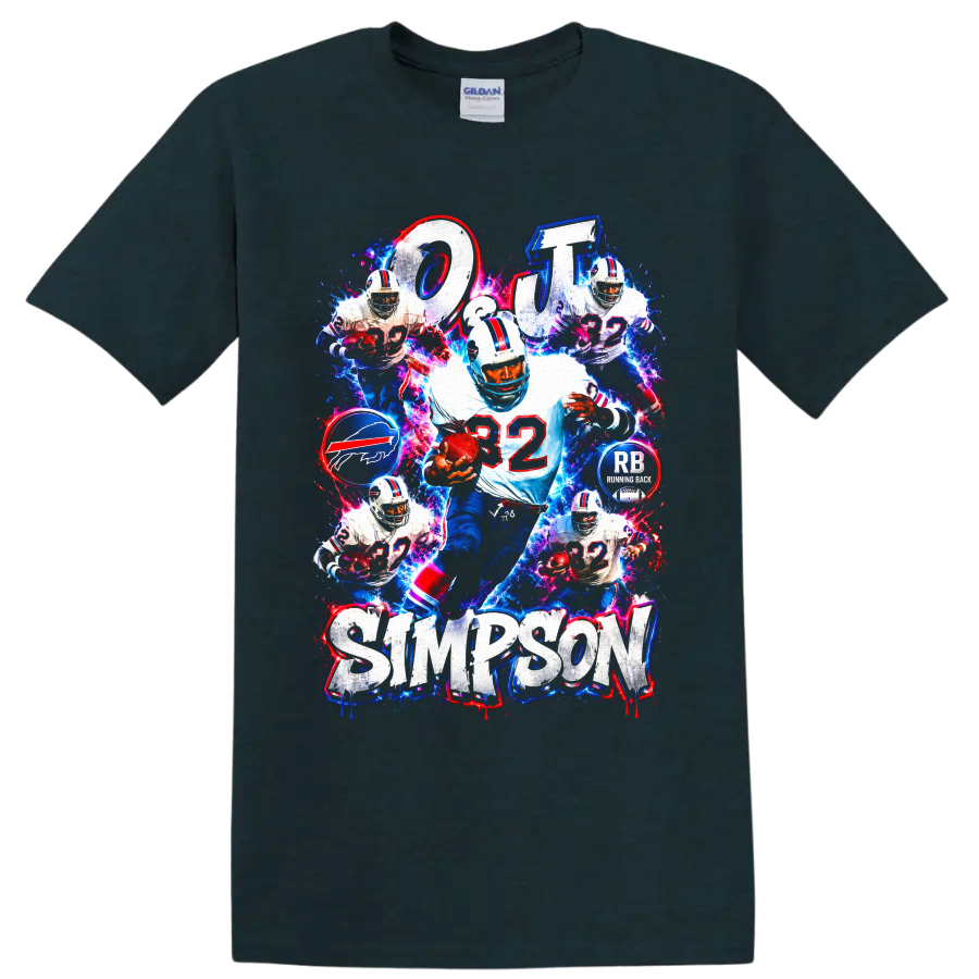 O.J. Simpson Buffalo Bills number 32 running back electric collage graphic on a Midnight (Green) T Shirt