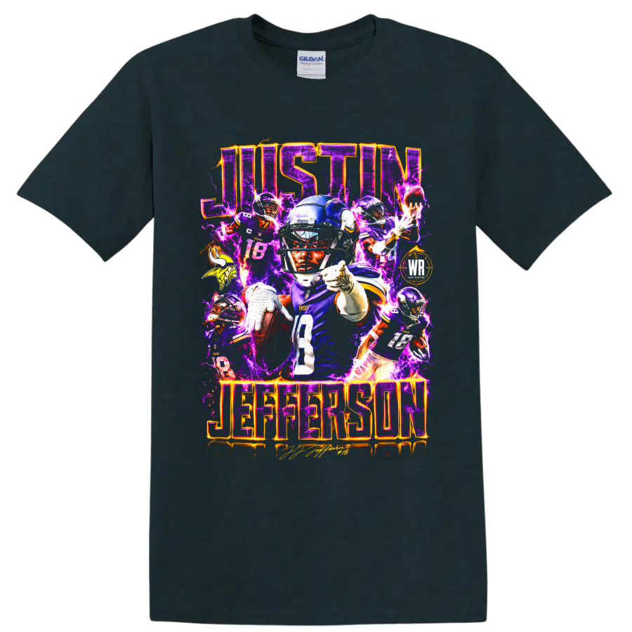 Justin Jefferson Minnesota Vikings number 18 football collage with electric purple on a Midnight (Green) T Shirt