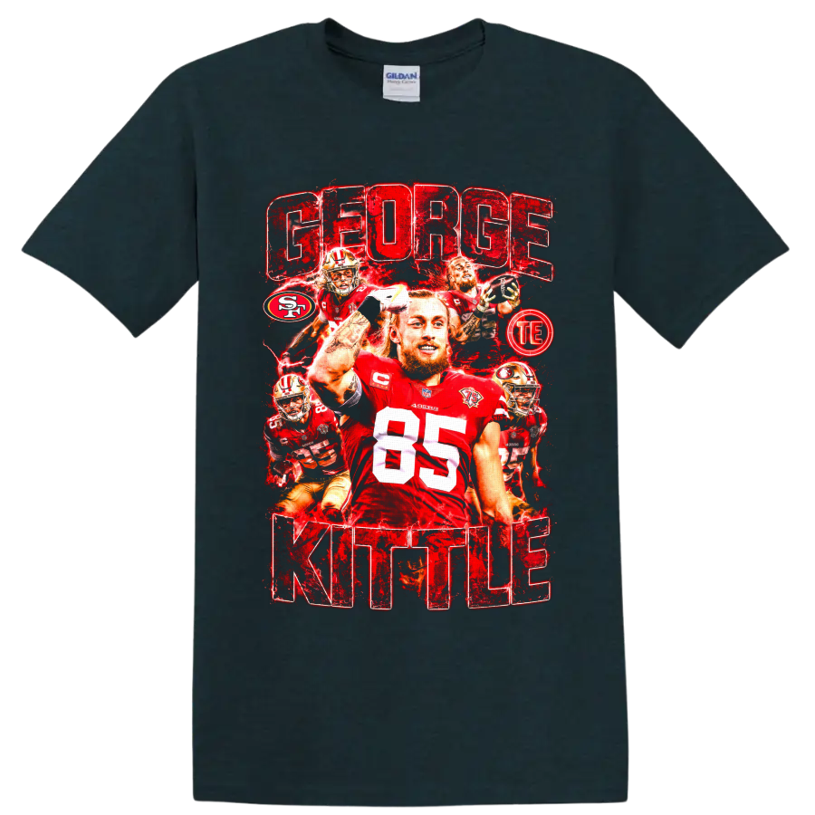 George Kittle 49ers number 85 football collage with distressed GEORGE KITTLE text on a Midnight (Green) T Shirt