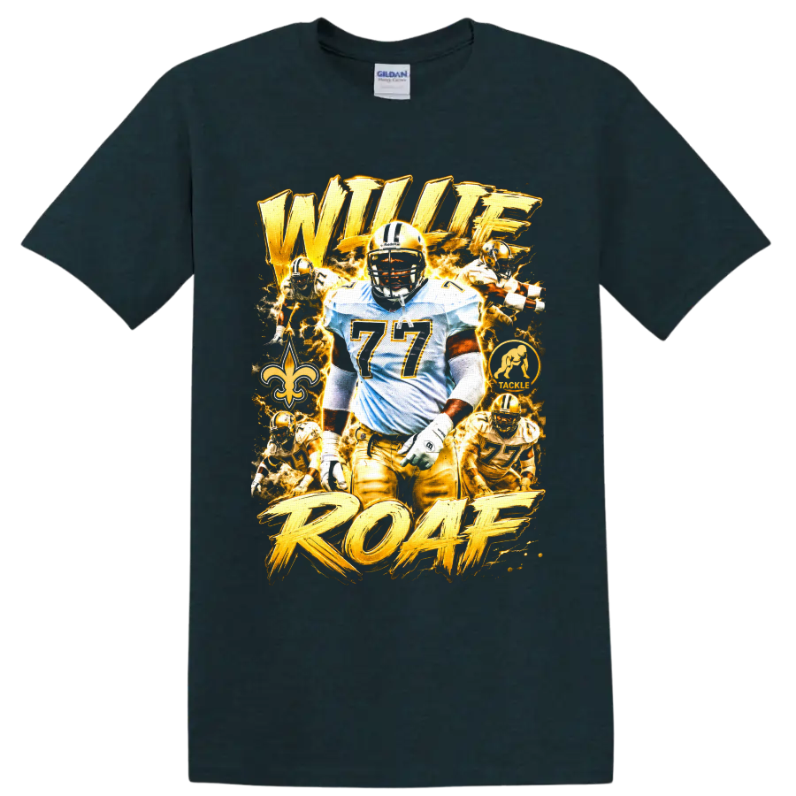 Willie Roaf Saints football collage with number 77, fleur-de-lis, and ROAF lettering on a Midnight (Green) T Shirt