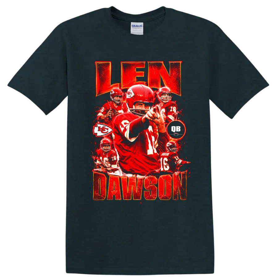 Len Dawson Kansas City Chiefs quarterback vintage red collage with LEN DAWSON text on a Midnight (Green) T Shirt