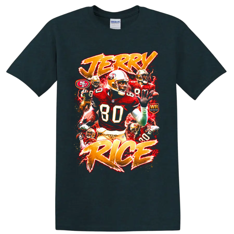 Jerry Rice 49ers wide receiver collage with number 80, red lightning, and gold lettering on a Midnight (Green) T Shirt