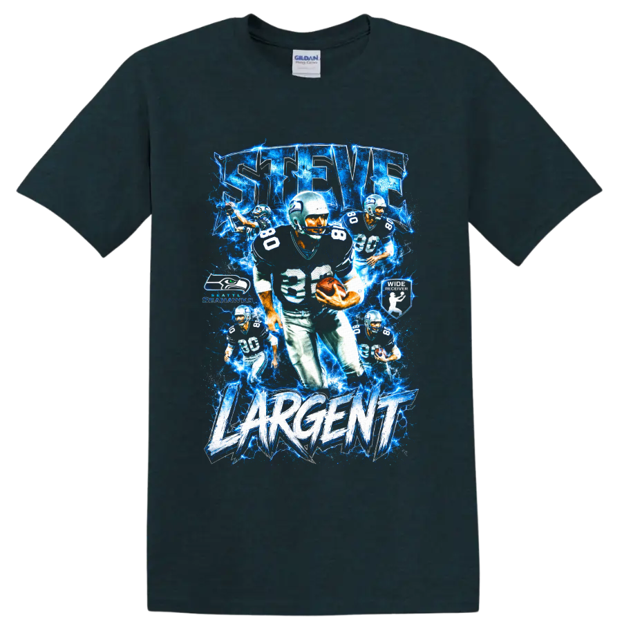 Steve Largent Seattle Seahawks number 80 electric blue football collage with Largent text on a Midnight (Green) T Shirt