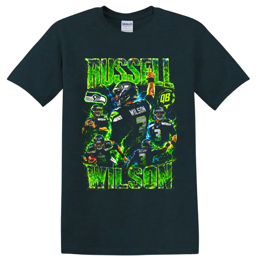 Russell Wilson Seahawks number 3 neon football collage with RUSSELL WILSON text on a Midnight (Green) T Shirt
