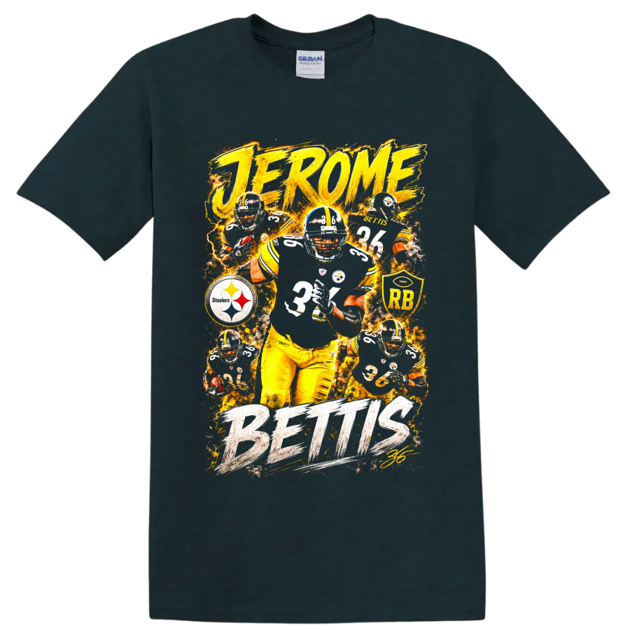 Jerome Bettis Pittsburgh Steelers number 36 fiery football action collage on a Midnight (Green) T Shirt