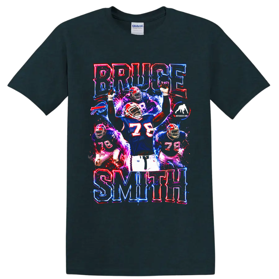 Bruce Smith Buffalo Bills number 78 neon football action collage on a Midnight (Green) T Shirt
