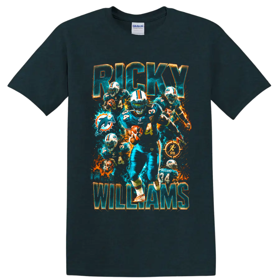 Ricky Williams Miami Dolphins number 34 action collage with RICKY and WILLIAMS text on a Midnight (Green) T Shirt
