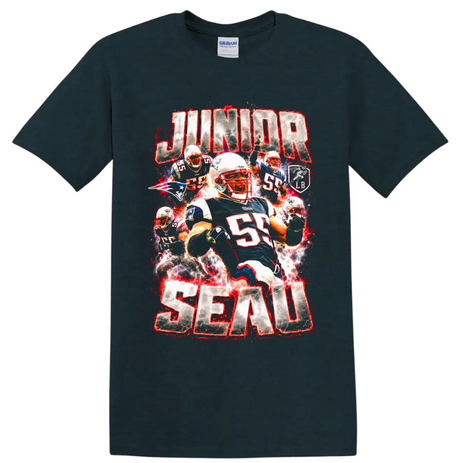 Junior Seau Patriots linebacker action collage with red electric splatter and bold on a Midnight (Green) T Shirt
