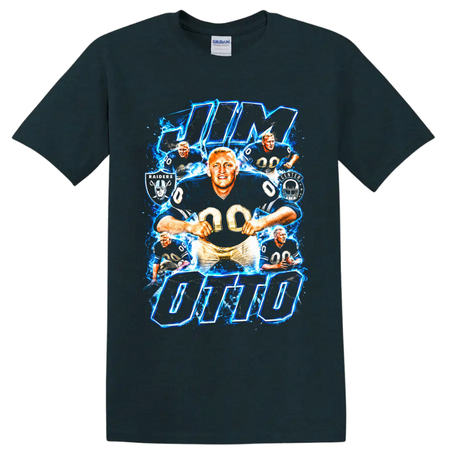 Jim Otto Oakland Raiders number 00 action collage with lightning and bold OTTO lettering on a Midnight (Green) T Shirt