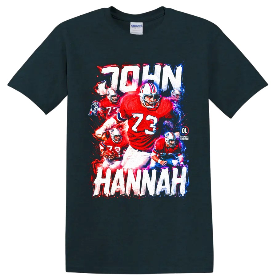 John Hannah number 73 football collage with electric red and blue Patriots artwork on a Midnight (Green) T Shirt