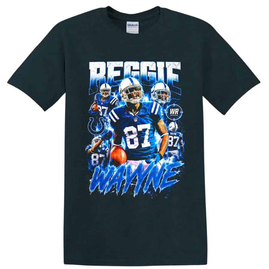 Reggie Wayne Colts number 87 football collage with electric blue action art on a Midnight (Green) T Shirt