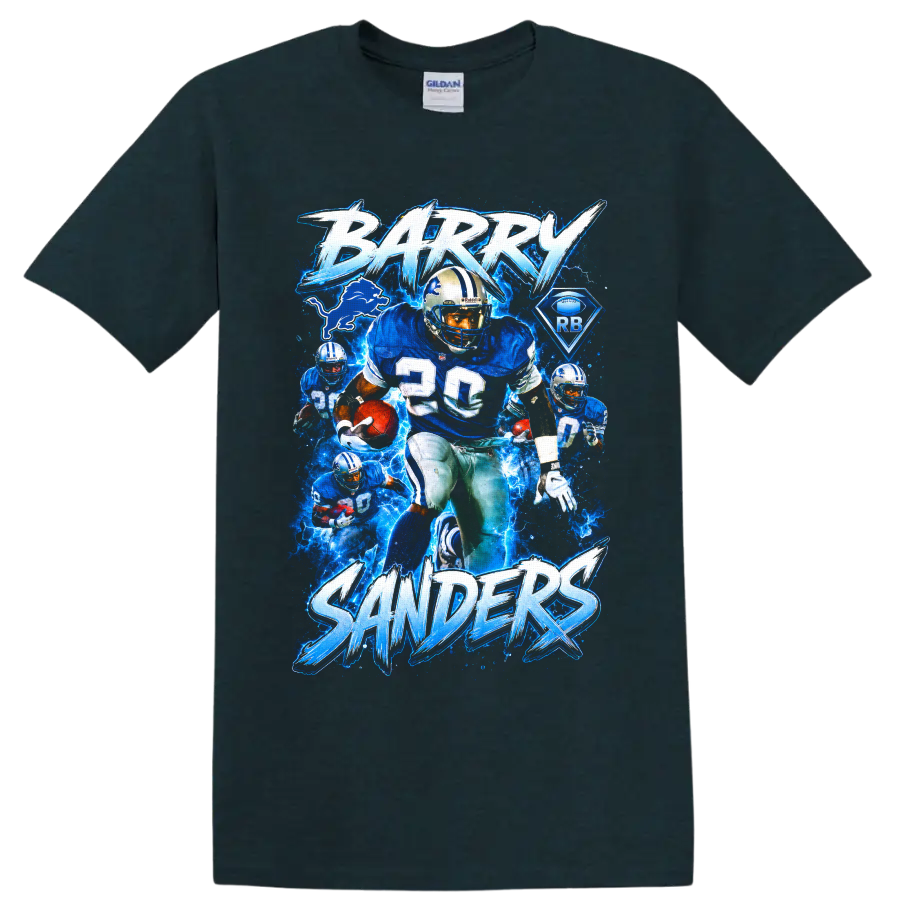 Barry Sanders Detroit Lions number 20 electric blue football action collage on a Midnight (Green) T Shirt