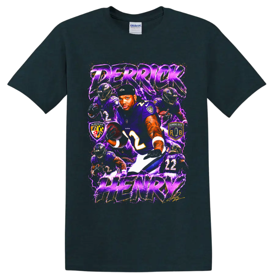 Derrick Henry Ravens No. 22 action collage with purple lightning and HENRY text on a Midnight (Green) T Shirt