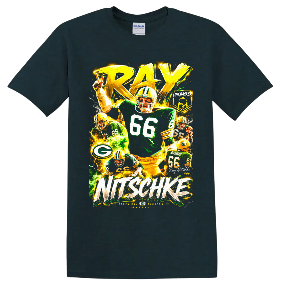 Ray Nitschke Packers number 66 linebacker collage with bold RAY NITSCHKE lettering on a Midnight (Green) T Shirt