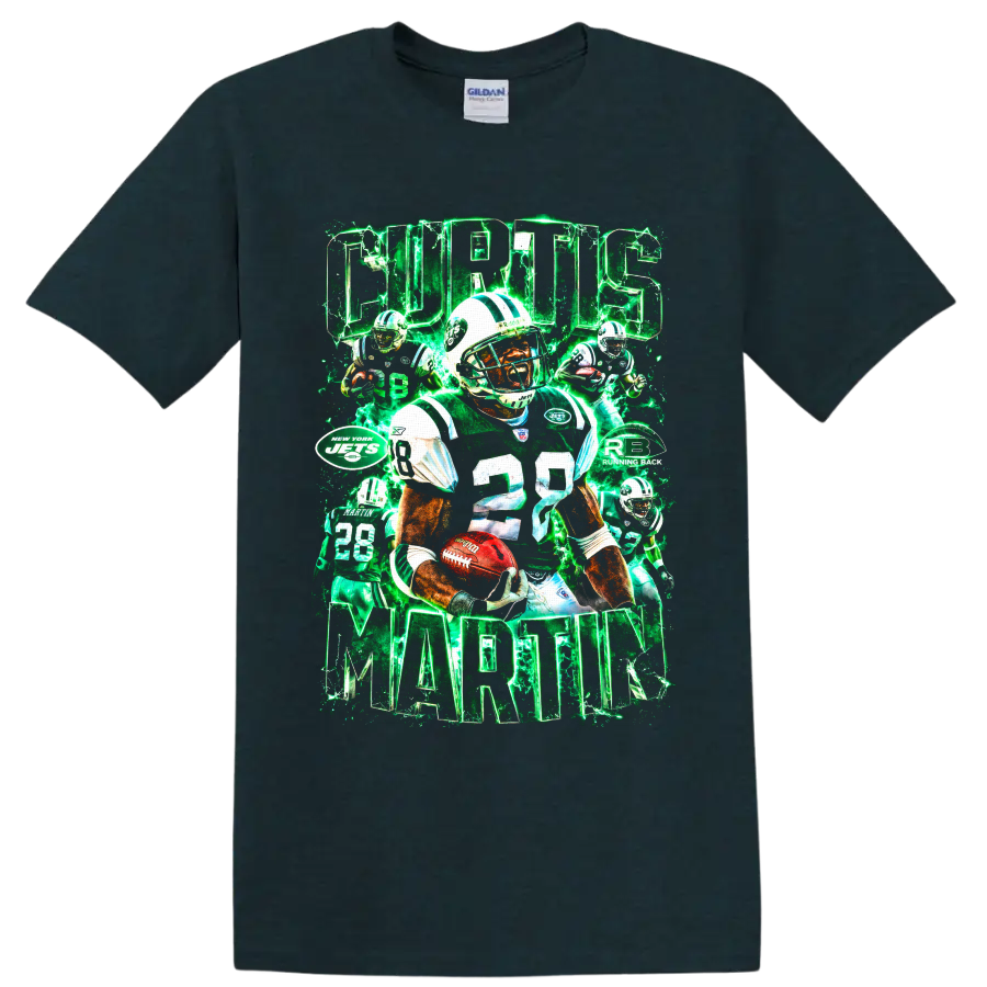 Curtis Martin New York Jets number 28 football collage with neon green lightning on a Midnight (Green) T Shirt