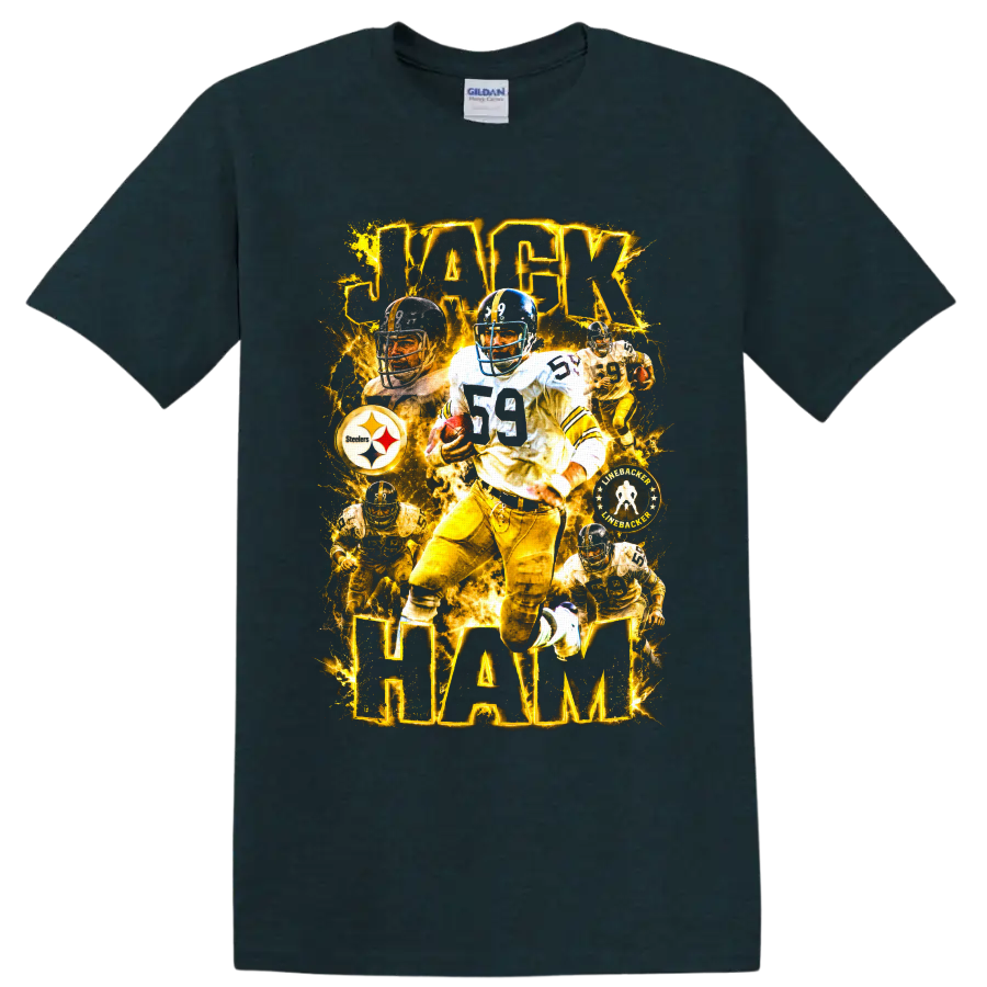 Jack Ham Pittsburgh Steelers number 59 linebacker collage with glowing gold text on a Midnight (Green) T Shirt