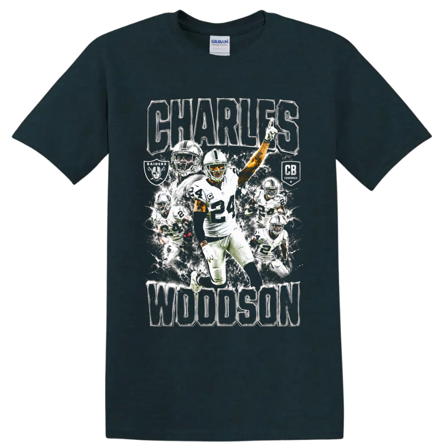 Charles Woodson number 24 football action collage with Raiders graphics and bold lettering on a Midnight (Green) T Shirt