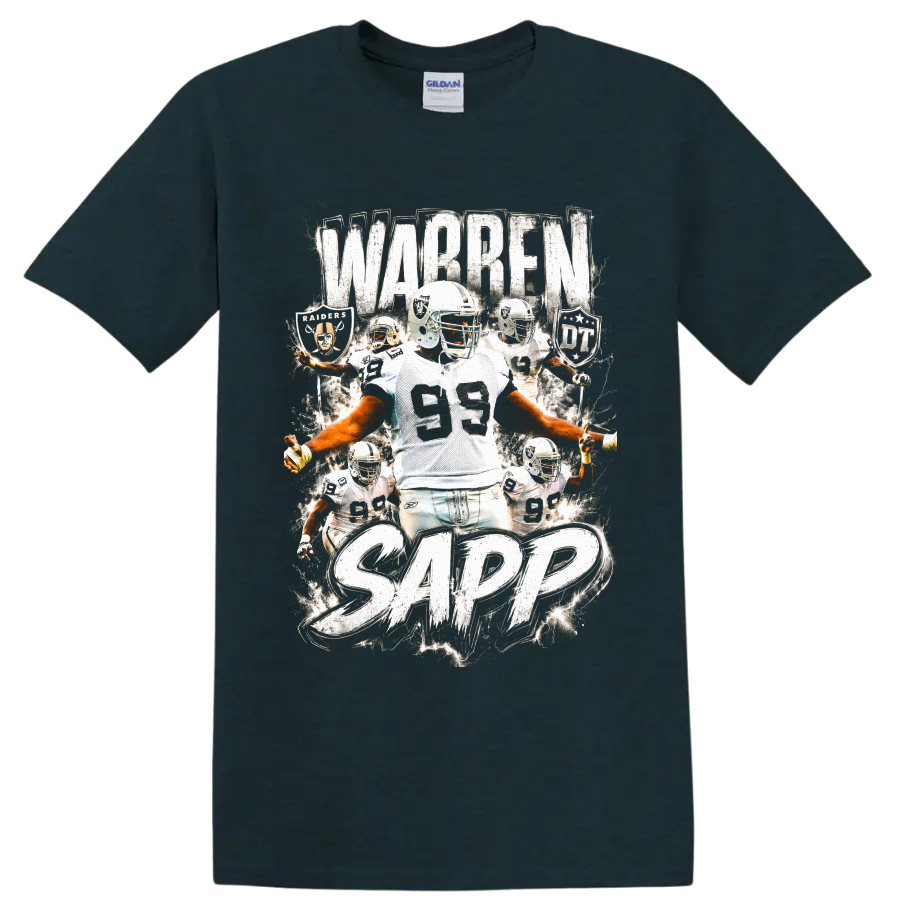 Warren Sapp Raiders number 99 football collage with distressed WARREN SAPP text on a Midnight (Green) T Shirt