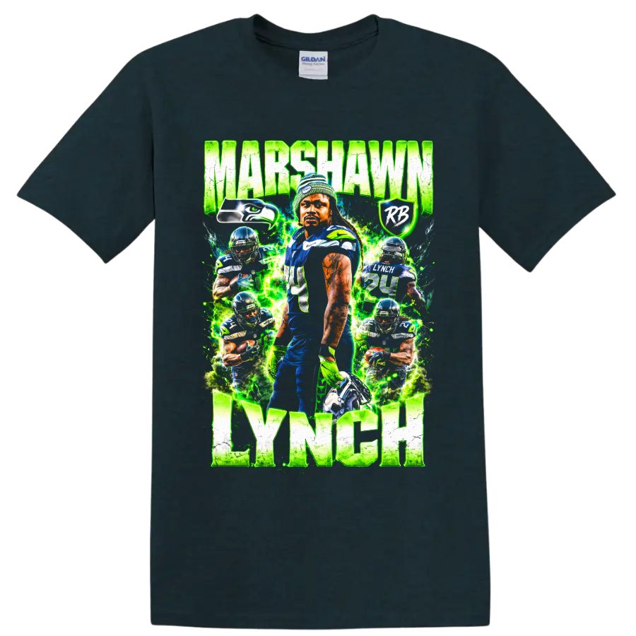 Marshawn Lynch Seattle Seahawks action collage with electric green lightning and name text on a Midnight (Green) T Shirt
