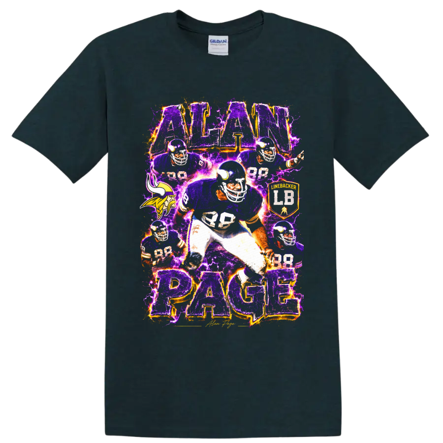 Alan Page 88 Minnesota Vikings-inspired football collage with purple lightning on a Midnight (Green) T Shirt