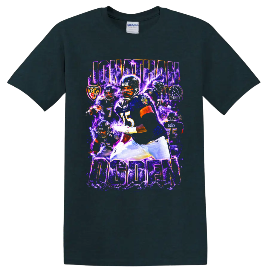 Jonathan Ogden Baltimore Ravens football collage with purple lightning and number 75 on a Midnight (Green) T Shirt