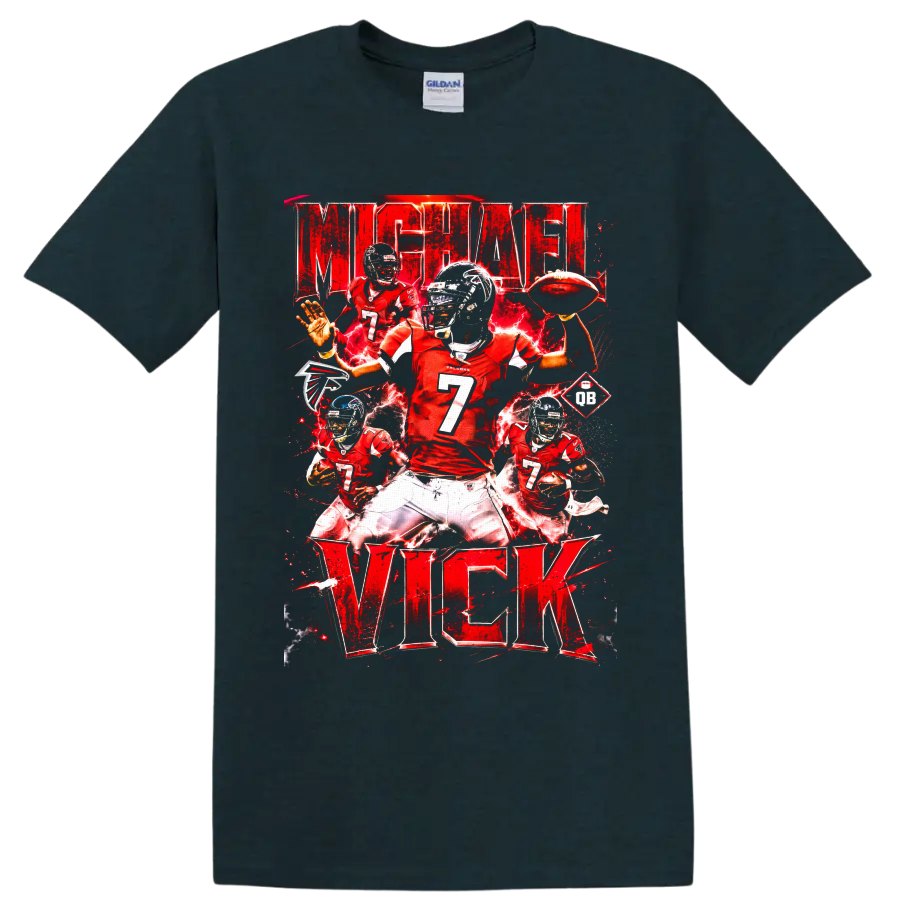 Michael Vick Atlanta Falcons red number 7 football action collage with electric effects on a Midnight (Green) T Shirt