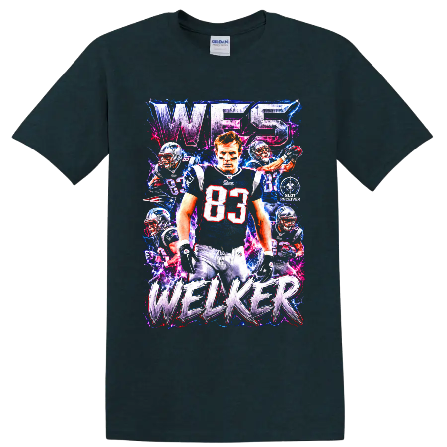 Wes Welker Patriots #83 football collage with neon lightning and distressed lettering on a Midnight (Green) T Shirt