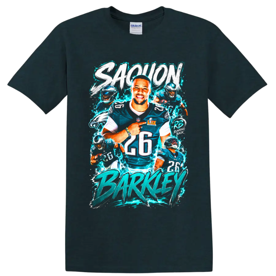 Saquon Barkley Eagles number 26 action collage with electric teal brush lettering on a Midnight (Green) T Shirt