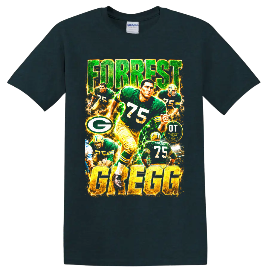 Forrest Gregg number 75 Packers offensive tackle football collage with electric lettering on a Midnight (Green) T Shirt