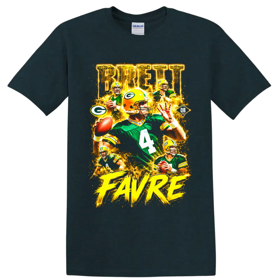 Brett Favre Green Bay Packers number 4 vintage football collage graphic on a Midnight (Green) T Shirt