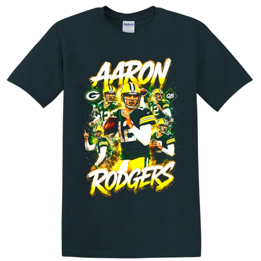 Aaron Rodgers Packers quarterback action collage with AARON RODGERS brush lettering on a Midnight (Green) T Shirt
