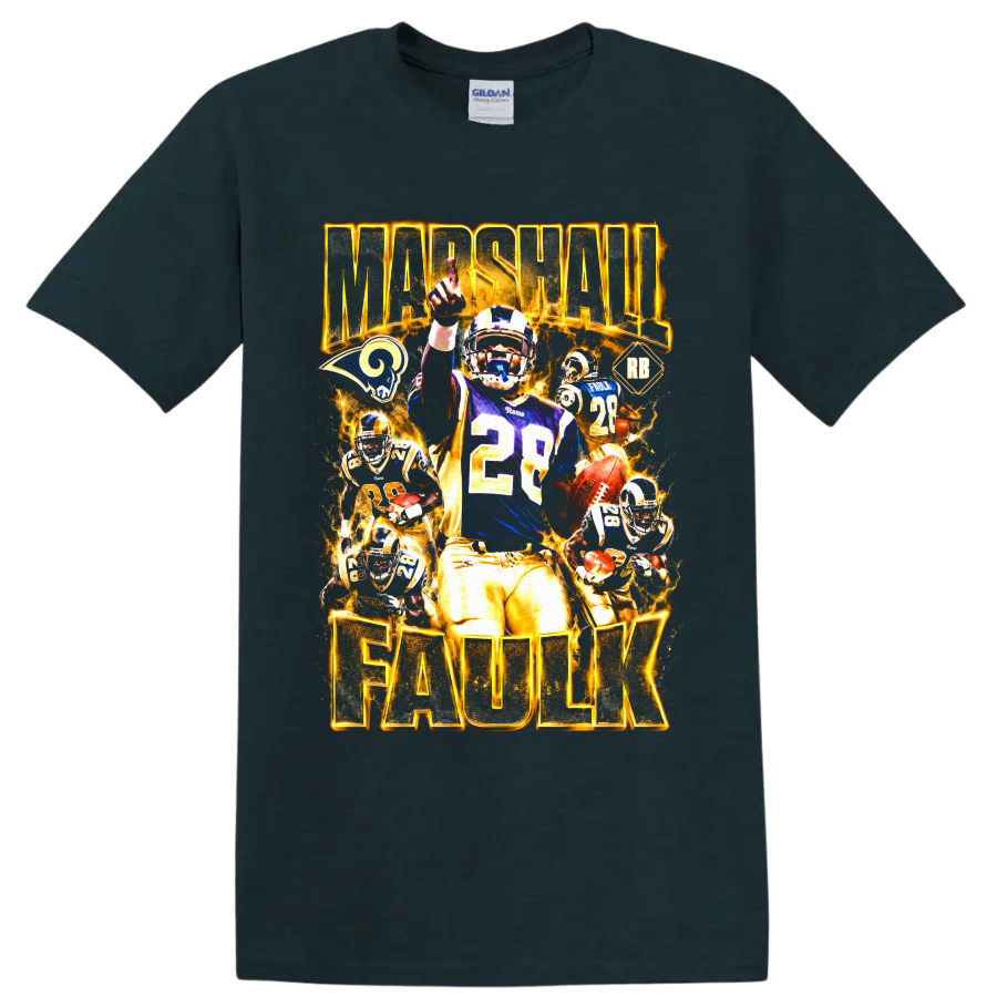 Marshall Faulk St. Louis Rams number 28 football collage with fiery gold lettering on a Midnight (Green) T Shirt