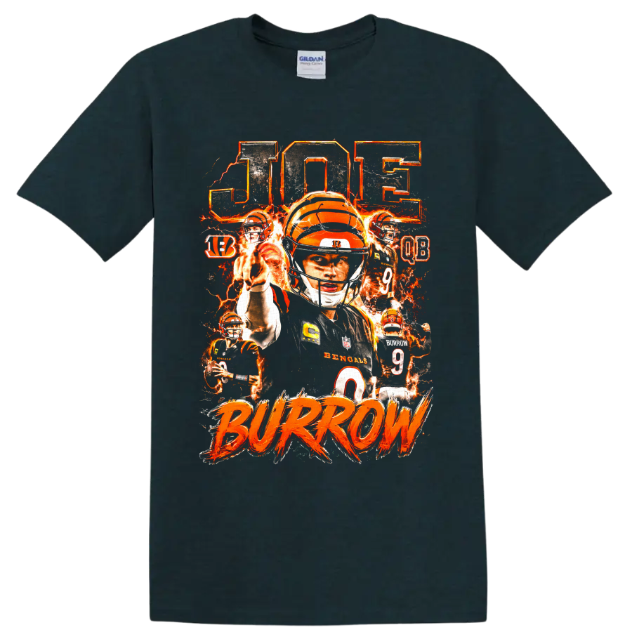 Joe Burrow Bengals number 9 fiery quarterback collage with BURROW lettering on a Midnight (Green) T Shirt