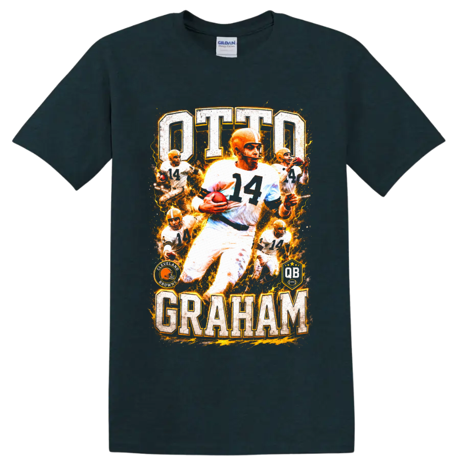 Otto Graham No. 14 Cleveland Browns vintage action collage with OTTO GRAHAM lettering on a Midnight (Green) T Shirt