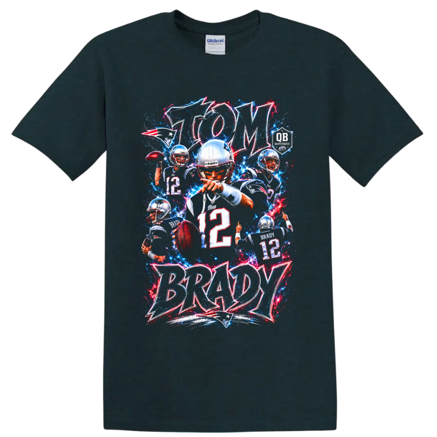 Tom Brady Patriots quarterback collage with number 12 and electric GOAT lettering on a Midnight (Green) T Shirt