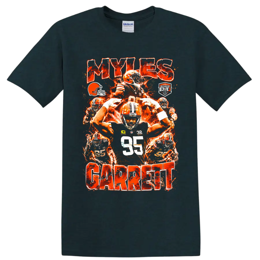 Myles Garrett Cleveland Browns fiery football collage with number 95 and MYLES GARRETT on a Midnight (Green) T Shirt