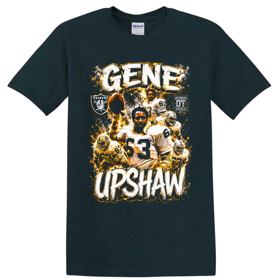 Gene Upshaw Oakland Raiders football collage with number 63 and distressed lettering on a Midnight (Green) T Shirt