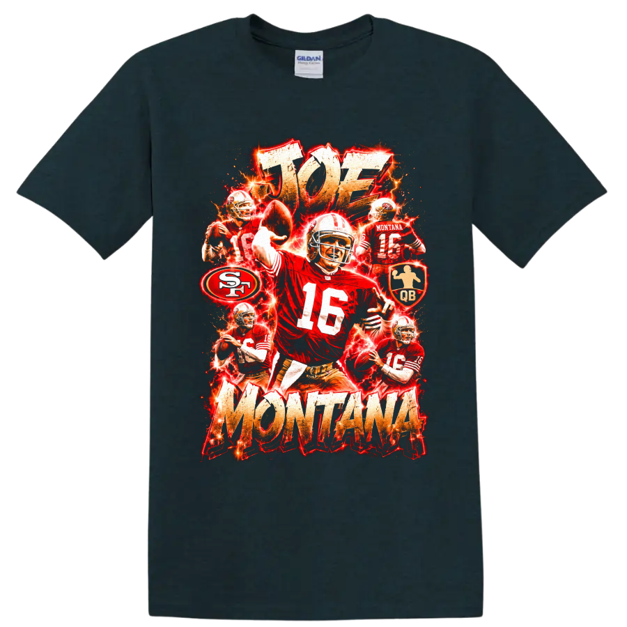 Joe Montana 49ers quarterback collage with No. 16 action, lightning, and distressed on a Midnight (Green) T Shirt
