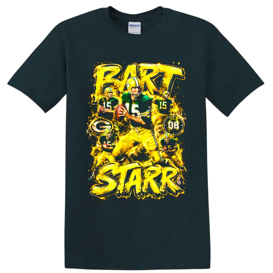 Bart Starr Green Bay Packers quarterback collage with vintage action art and electric on a Midnight (Green) T Shirt