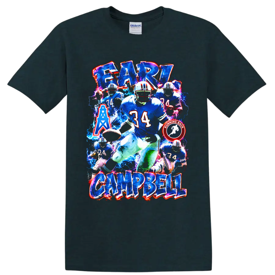 Earl Campbell Houston Oilers number 34 football collage with electric blue effects on a Midnight (Green) T Shirt