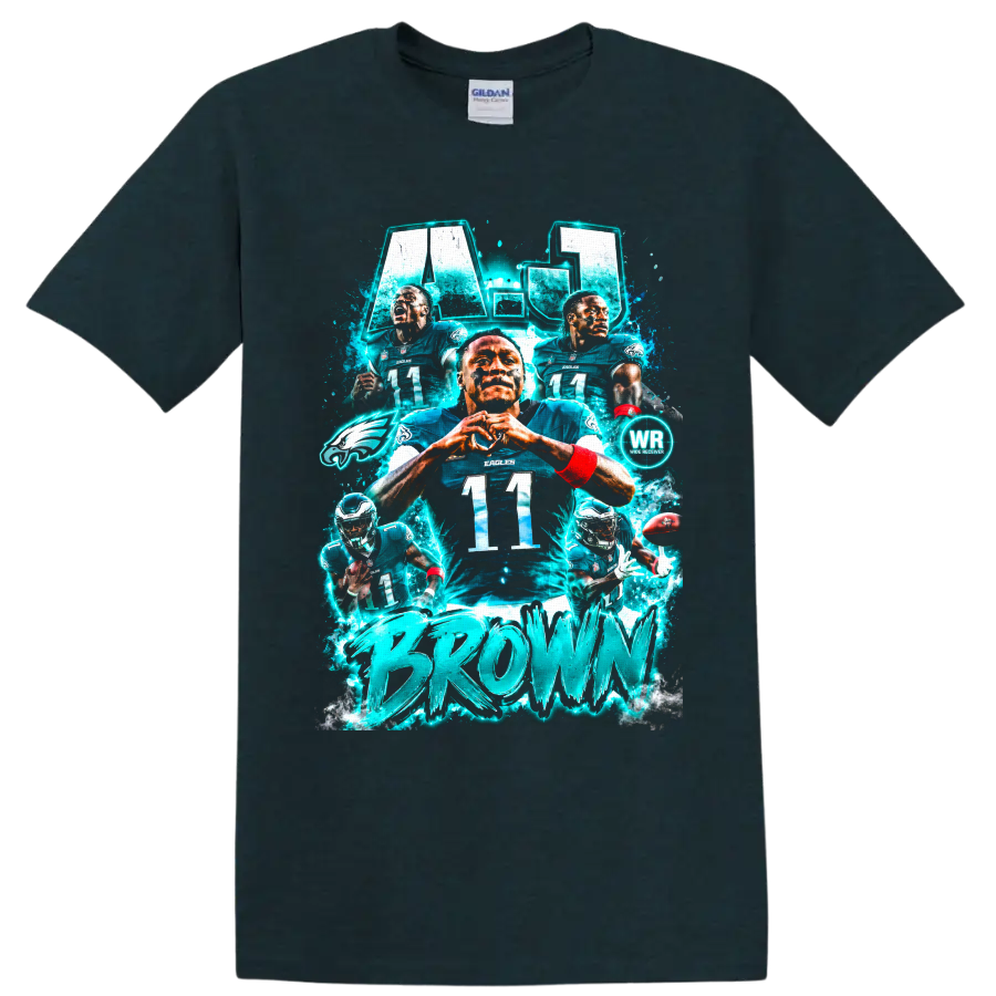 A.J. Brown Philadelphia Eagles number 11 electric teal football collage graphic on a Midnight (Green) T Shirt