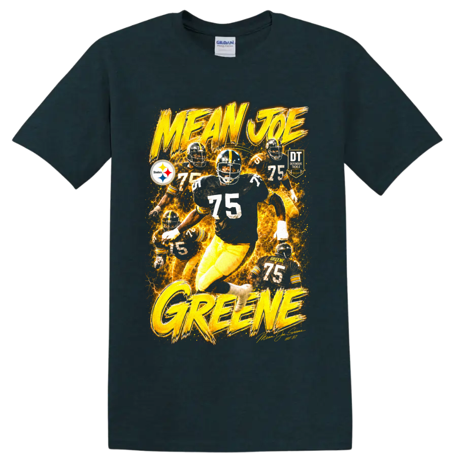 Mean Joe Greene Steelers number 75 fiery vintage football action graphic on a Midnight (Green) T Shirt